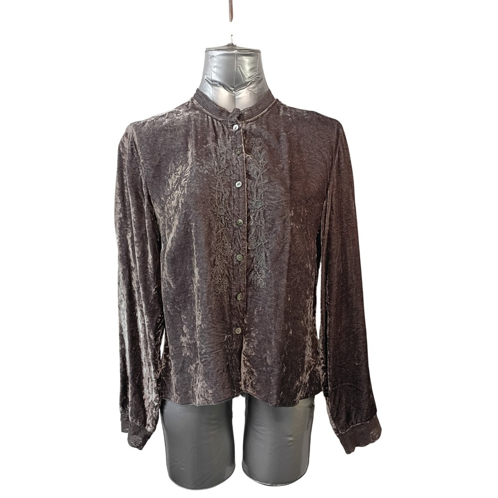 J. Jill Sz M Gray Crushed Velvet Embroidered Lace Trim Button Front Jacket